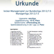 Kicker-Managerspiel – netzliga Urkunde 2012/13