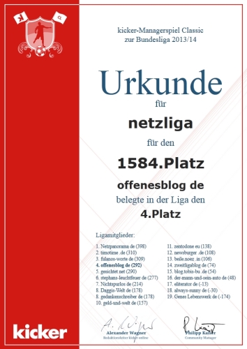 netzliga Saison 2013/14 Urkunde