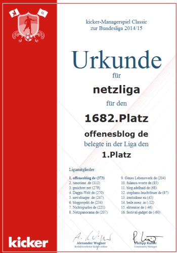 netzliga Saison 2014/15 Urkunde
