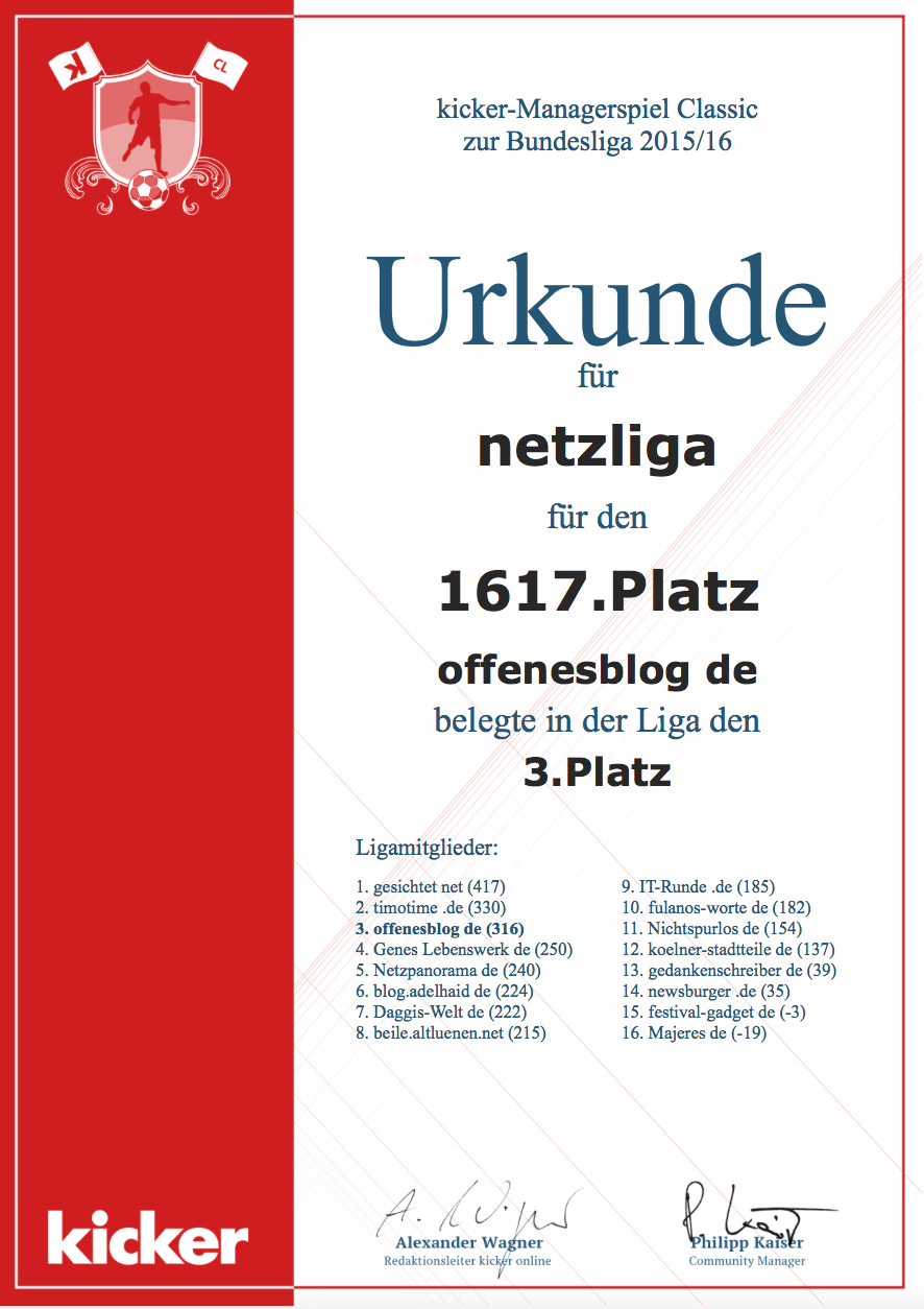 netzliga Saison 2015/16 Urkunde